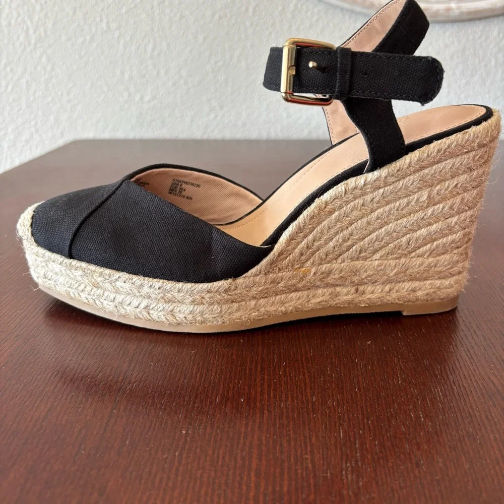 Time And Tru Women's Square Toe Black Espadrille Wedge Heels Size 8